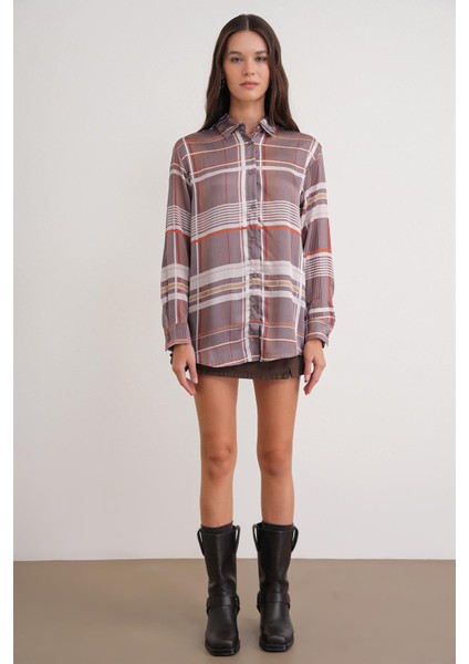 4751 Kadın Ekose Ince Saten Gömlek Bej fiyatları