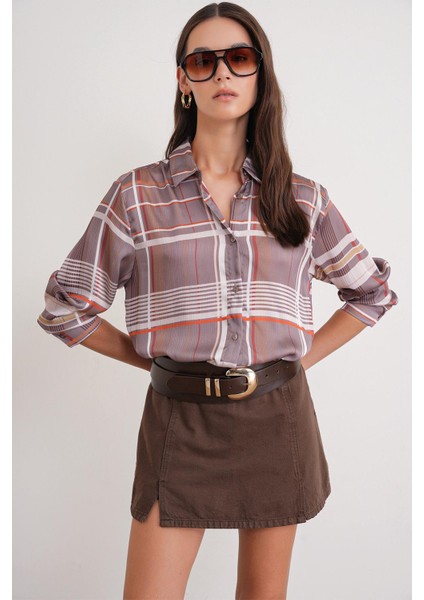 4751 Kadın Ekose Ince Saten Gömlek Bej modelleri