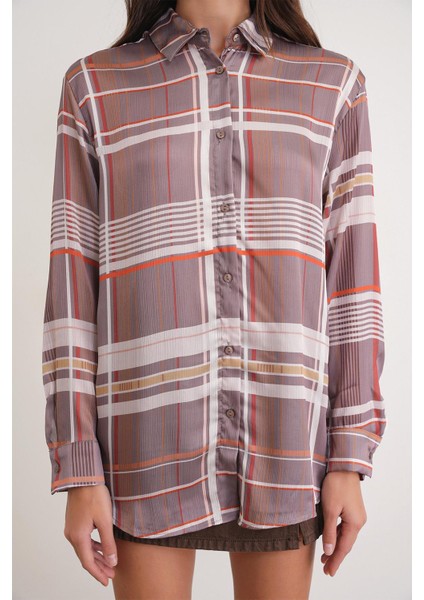 4751 Kadın Ekose Ince Saten Gömlek Bej indirimleri