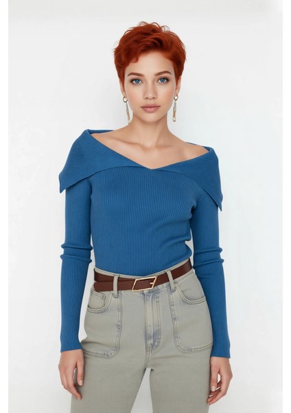 Kadın Devrik Yaka Fitted Fitilli Triko Bluz Uzun Kol Crop Boy Ilkbahar Sonbahar Günlük Şıklığı fiyatları