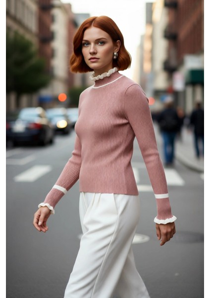 Kadın Renk Bloklu Dik Yaka Fitilli Triko Kazak Kış Günleri Için Şık ve Rahat Basic Model Seçeneği