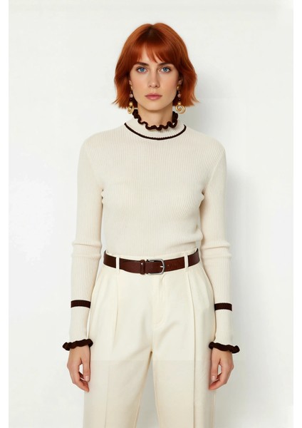 Kadın Renk Bloklu Dik Yaka Fitilli Triko Kazak Kış Günleri Için Şık ve Rahat Basic Model Seçeneği fiyatları