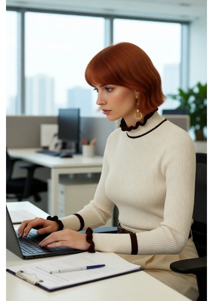 Kadın Renk Bloklu Dik Yaka Fitilli Triko Kazak Kış Günleri Için Şık ve Rahat Basic Model Seçeneği modelleri