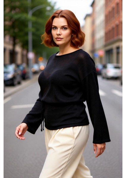 Kadın Kayık Yaka Düz Regular Kalıp Uzun Kollu Triko Kazak Beli Kuşaklı Şık Baharlık Stil Kaliteli