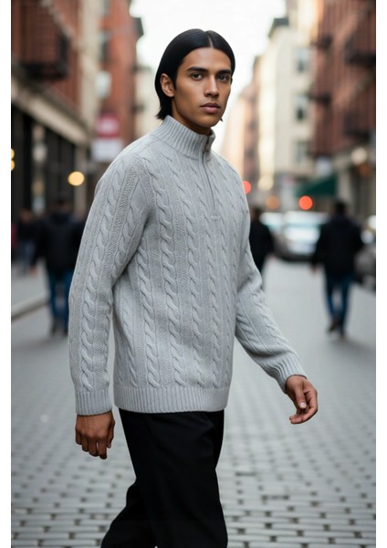 Unisex Regular Fit Fermuarlı Yarım Balıkçı Yaka Kalın Saç Örgü Triko Kazak Kışlık Kombinlerinize