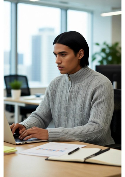 Unisex Regular Fit Fermuarlı Yarım Balıkçı Yaka Kalın Saç Örgü Triko Kazak Kışlık Kombinlerinize modelleri