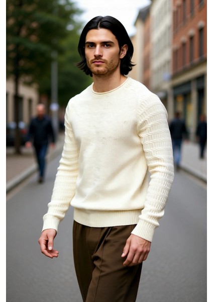 Erkek Fitted Kesim Dokulu Triko Bisiklet Yaka Uzun Kollu Basic Akrilik Kazak Kış Sezonu Için Şık ve