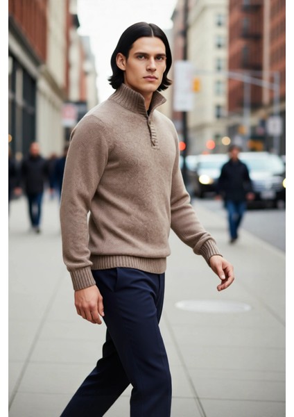 Erkek Gri Fitted Kesim Düğmeli Dik Yaka Kalın Triko Kazak Kışlık Günlük Kombinler Için Şık Seçim