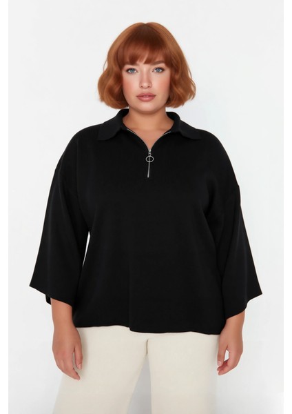 Kadın Relaxed Kalıp Polo Yaka Fermuar Detaylı Düşük Kollu Truvakar Triko Kazak Büyük Beden Rahat fiyatları