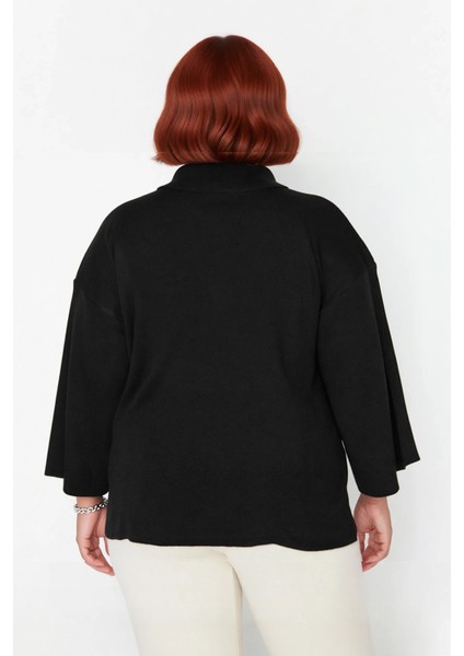 Kadın Relaxed Kalıp Polo Yaka Fermuar Detaylı Düşük Kollu Truvakar Triko Kazak Büyük Beden Rahat fırsatları