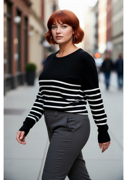 Kadın Çizgili Bisiklet Yaka Relaxed Kalıp Uzun Kollu Triko Kazak Günlük Şıklık ve Konfor Sunar