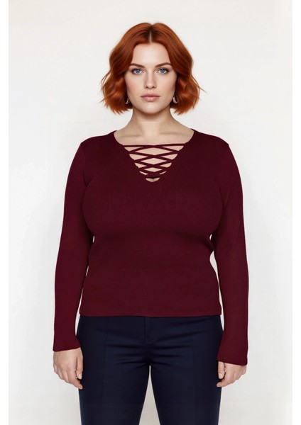 Kadın Fitted Kesim Britli V Yaka Uzun Kollu Triko Bluz Soğuk Havalar Için Şık ve Modern Seçim fiyatları