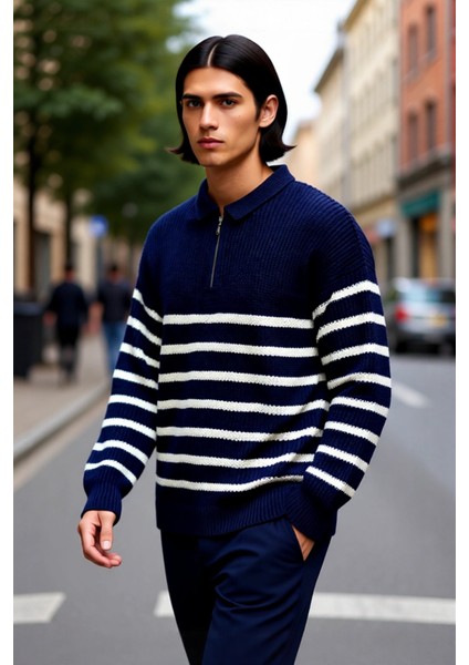 Erkek Oversize Kalıp Lacivert Çizgili Polo Yaka Triko Kazak Kışlık Rahat Selanik Dokuma Akrilik