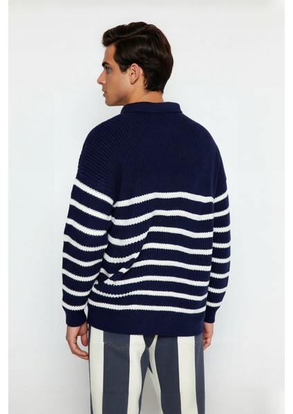 Erkek Oversize Kalıp Lacivert Çizgili Polo Yaka Triko Kazak Kışlık Rahat Selanik Dokuma Akrilik fırsatları