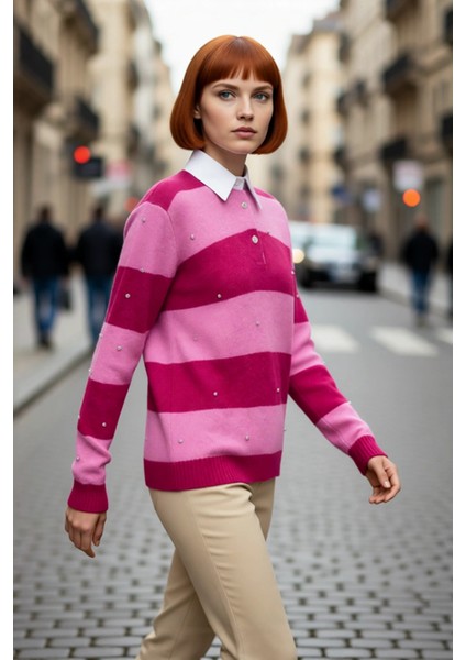 Kadın Oversize Çizgili Polo Yaka Düşük Kol Taş Işlemeli Triko Kazak Kış Sezonu Şıklığına Özel Geniş