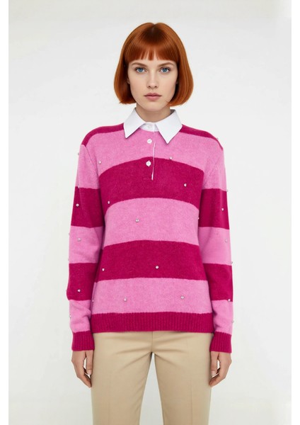 Kadın Oversize Çizgili Polo Yaka Düşük Kol Taş Işlemeli Triko Kazak Kış Sezonu Şıklığına Özel Geniş fiyatları