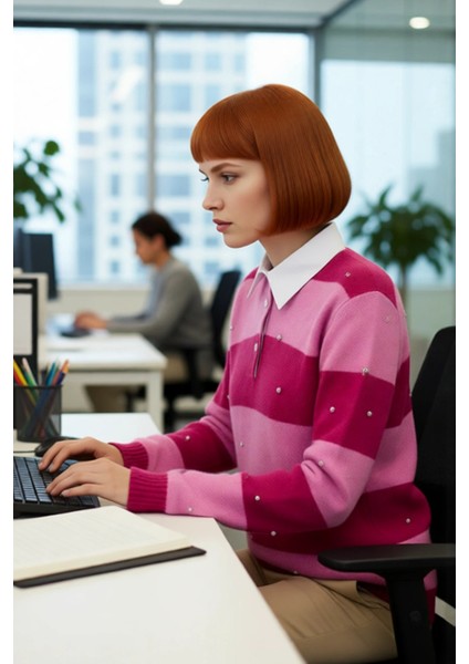 Kadın Oversize Çizgili Polo Yaka Düşük Kol Taş Işlemeli Triko Kazak Kış Sezonu Şıklığına Özel Geniş modelleri