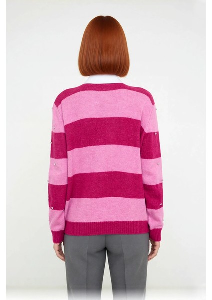 Kadın Oversize Çizgili Polo Yaka Düşük Kol Taş Işlemeli Triko Kazak Kış Sezonu Şıklığına Özel Geniş fırsatları