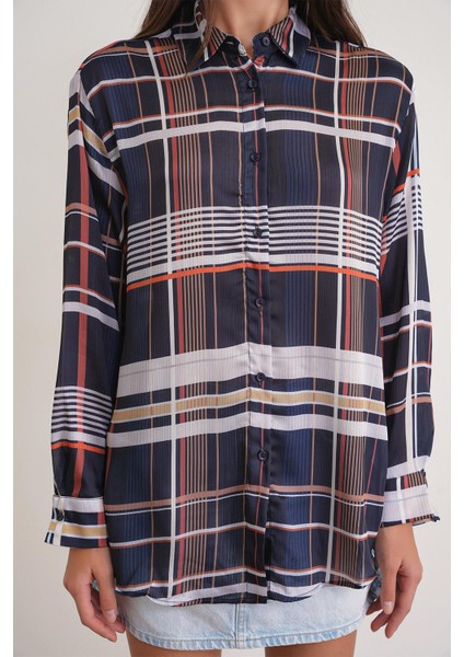 4751 Kadın Ekose Ince Saten Gömlek Lacivert indirimleri