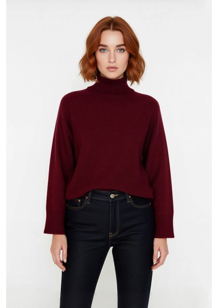 Kadın Oversize Kalıp Dik Yaka Düz Triko Kazak Düşük Kol Detaylı Kışlık Şık Günlük Kombinler Için fiyatları