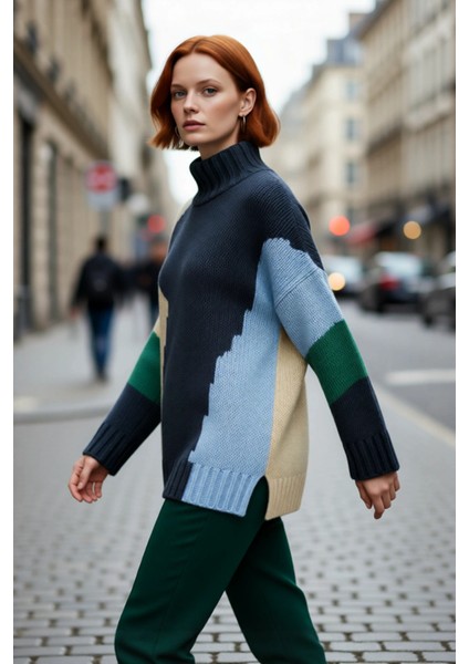Kadın Oversize Dik Yaka Renk Bloklu Düşük Kol Selanik Dokuma Uzun Triko Kazak Kışlık Kombinlerin