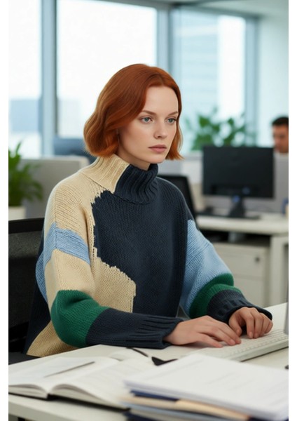 Kadın Oversize Dik Yaka Renk Bloklu Düşük Kol Selanik Dokuma Uzun Triko Kazak Kışlık Kombinlerin modelleri