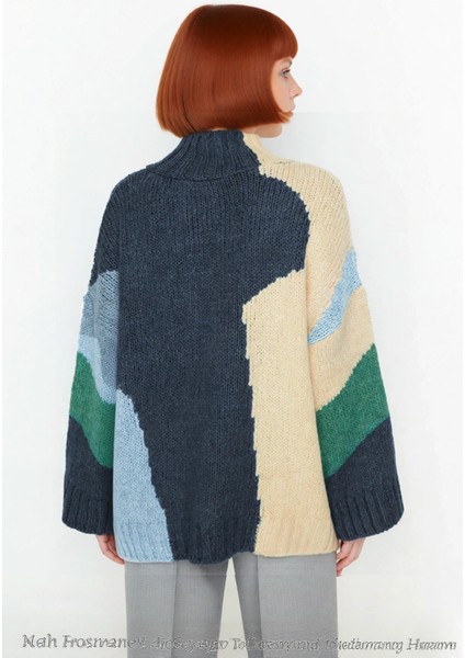 Kadın Oversize Dik Yaka Renk Bloklu Düşük Kol Selanik Dokuma Uzun Triko Kazak Kışlık Kombinlerin fırsatları