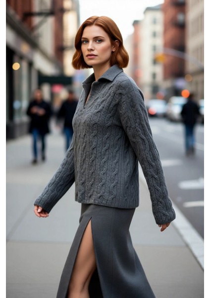 Kadın Oversize Saç Örgü Apaş Yaka Düşük Kol Triko Kazak Kışlık Rahat ve Şık Kombinler Için Ideal