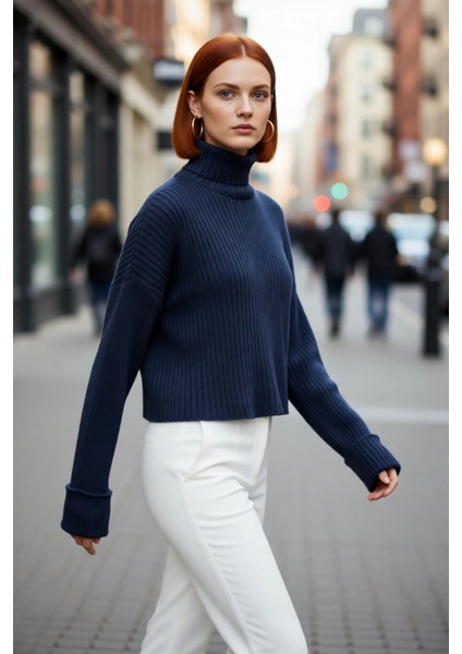 Kadın Oversize Super Crop Balıkçı Yaka Uzun Kollu Akrilik Triko Kazak Kışlık Günlük Şıklık