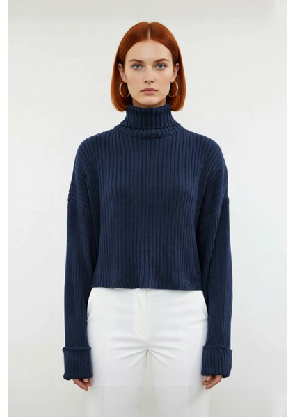 Kadın Oversize Super Crop Balıkçı Yaka Uzun Kollu Akrilik Triko Kazak Kışlık Günlük Şıklık fiyatları