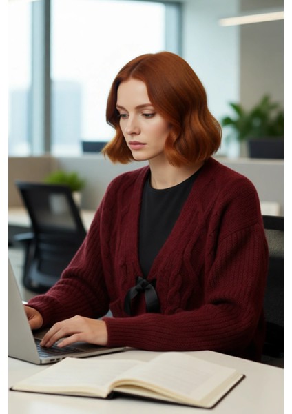 Kadın Regular Kalıp V Yaka Saç Örgü Desenli Düşük Kol Crop Triko Kazak Kurdele Fiyonk Detaylı modelleri