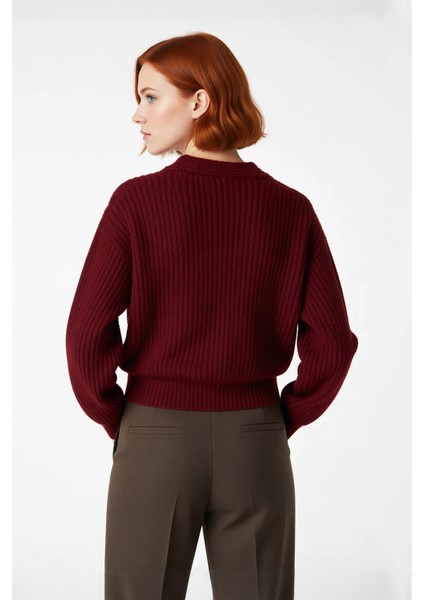 Kadın Regular Kalıp V Yaka Saç Örgü Desenli Düşük Kol Crop Triko Kazak Kurdele Fiyonk Detaylı fırsatları