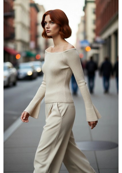 Kadın Carmen Yaka Fitted Akrilik Triko Bluz Uzun Reglan Kollu Fitilli Dokuma Ilkbahar Sonbahar