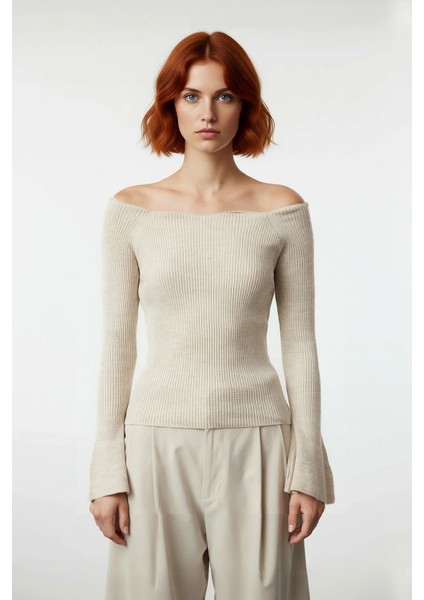 Kadın Carmen Yaka Fitted Akrilik Triko Bluz Uzun Reglan Kollu Fitilli Dokuma Ilkbahar Sonbahar fiyatları