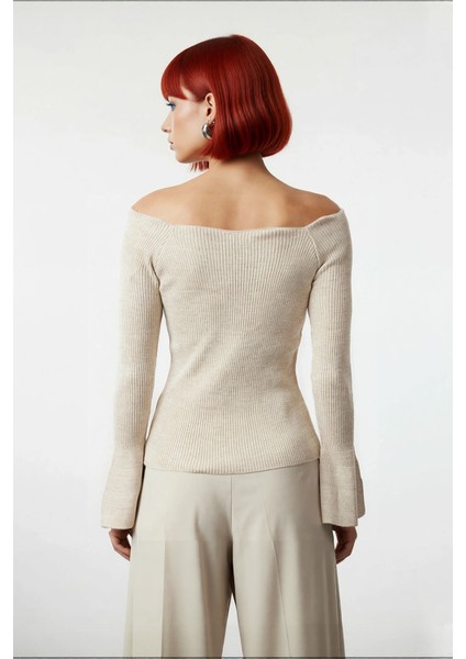 Kadın Carmen Yaka Fitted Akrilik Triko Bluz Uzun Reglan Kollu Fitilli Dokuma Ilkbahar Sonbahar fırsatları