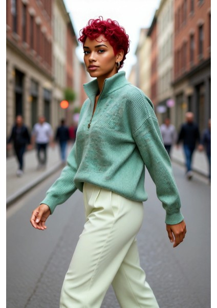 Kadın Oversize Düşük Kol Fermuarlı Dik Yaka Triko Selanik Örgü Basic Uzun Kollu Kazak Kaliteli