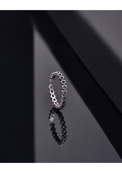 925 Ayar Oksitli Sıralı Tamtur Kalp Ayarlanabilir Gümüş Yüzük