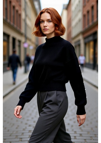 Kadınlar Için Dik Yaka Regular Kalıp Düşük Kol Düğme Detaylı Triko Kazak Soğuk Günlerin Şık Seçimi