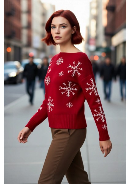 Kadınlar Için Oversize Kayık Yaka Triko Kar Taneli Kışlık Akrilik Şık Kazak Modeli Kaliteli