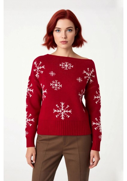 Kadınlar Için Oversize Kayık Yaka Triko Kar Taneli Kışlık Akrilik Şık Kazak Modeli Kaliteli fiyatları