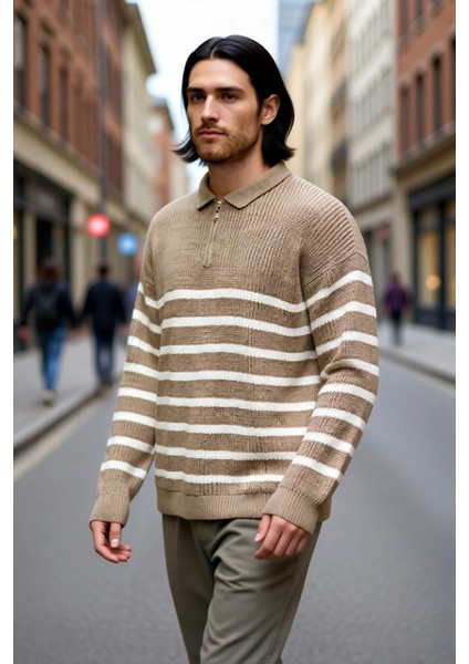 Erkek Oversize Kalıp Lacivert Çizgili Polo Yaka Triko Kazak Kışlık Rahat Selanik Dokuma Akrilik