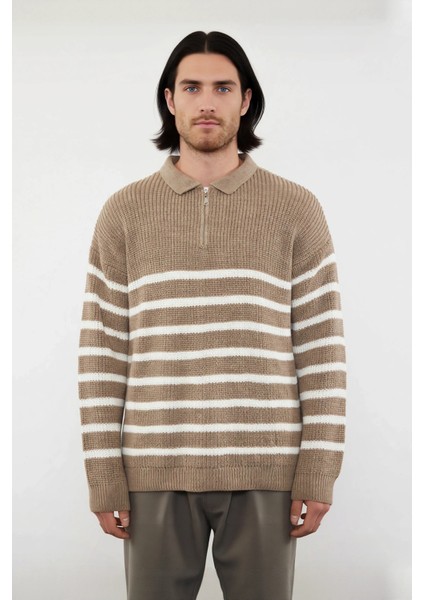 Erkek Oversize Kalıp Lacivert Çizgili Polo Yaka Triko Kazak Kışlık Rahat Selanik Dokuma Akrilik fiyatları