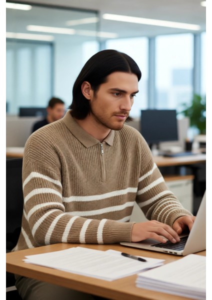 Erkek Oversize Kalıp Lacivert Çizgili Polo Yaka Triko Kazak Kışlık Rahat Selanik Dokuma Akrilik modelleri