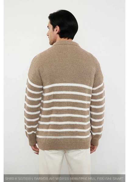 Erkek Oversize Kalıp Lacivert Çizgili Polo Yaka Triko Kazak Kışlık Rahat Selanik Dokuma Akrilik fırsatları