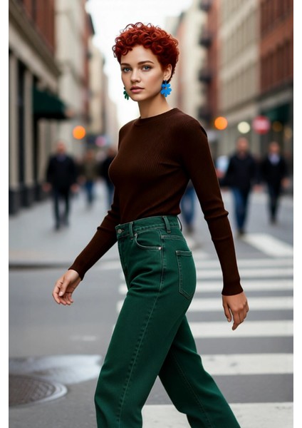 Kadın Fitted Bisiklet Yaka Uzun Kollu Triko Kazak Basic Düz Desen Akrilik Materyal Kış Konforu