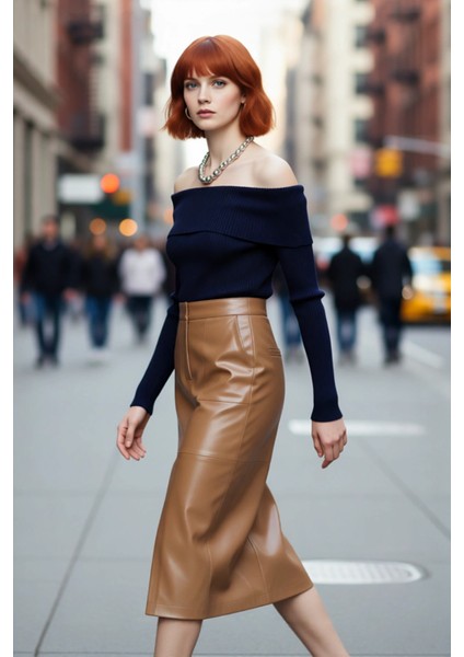 Kadın Ekru Carmen Yaka Fitted Crop Triko Kazak Ilkbahar Sonbahar Için Şık ve Basic Tasarım