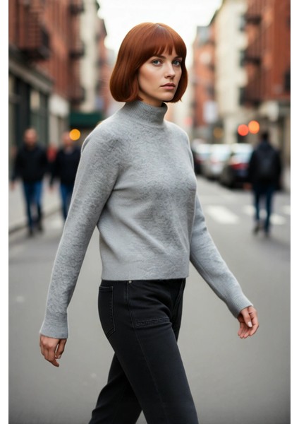 Kadın Oversize Dik Yaka Triko Kazak Reglan Kol Kışlık Günlük Şıklık Sunan Bordo Basic Tasarım