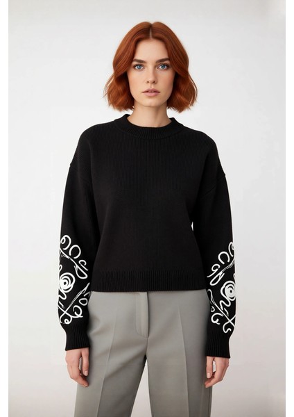 Kadın Oversize Bisiklet Yaka Kol Işlemeli Akrilik Triko Kazak Kışlık Günlük Şıklık Basic Rahat fiyatları