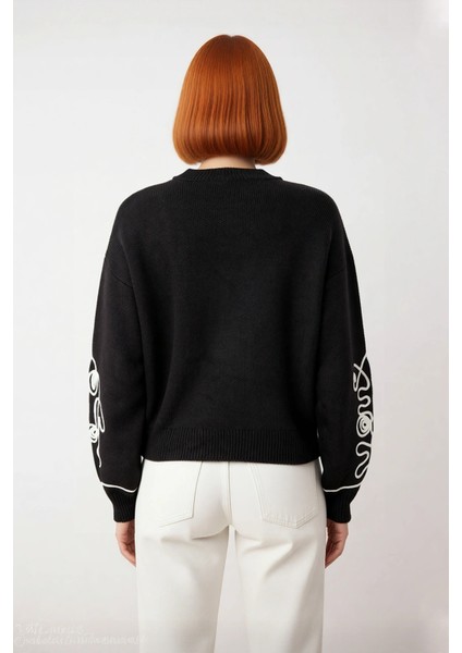 Kadın Oversize Bisiklet Yaka Kol Işlemeli Akrilik Triko Kazak Kışlık Günlük Şıklık Basic Rahat fırsatları