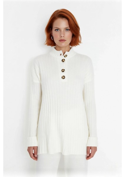 Kadın Ekru Relaxed Fit Düğmeli Yaka Düşük Kol Triko Kazak Kış Günleri Için Ideal Şıklık Kaliteli fiyatları